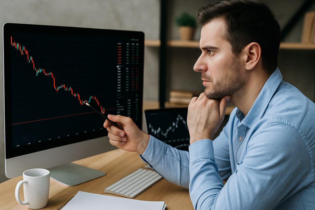 Symbolbild für Fondsüberrendite Mythen: Ein Finanzanalyst blickt kritisch auf historische Kursverläufe und Fondscharts an Monitoren.